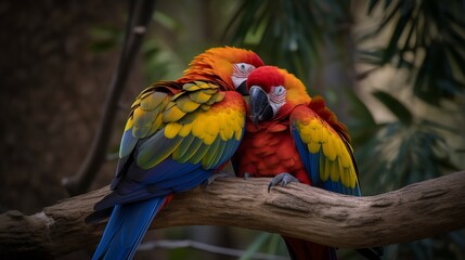 Two Macaws cuddling on a tree branch