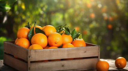 Fototapeta na wymiar Picturesque scene of delicious ripe oranges in a wooden crate on background of an orange plantation. Copy space. Based on Generative AI