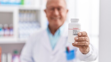 Senior grey-haired man pharmacist smiling confident holding pills bottle at pharmacy