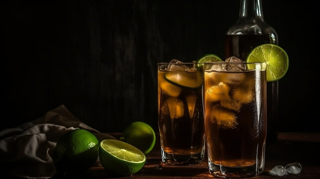 Cuba Libre or long island iced tea cocktail with strong drinks, cola, lime and ice in glass, cold longdrink, Generative Ai