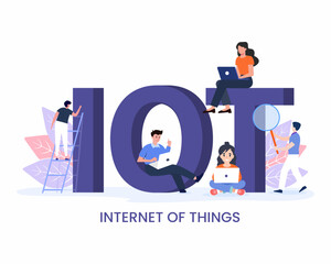Tiny people sitting and standing near giant IOT, Internet of things, internet computer technology concept word lettering design.