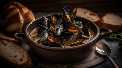 Mussel soup in a pot of bread, Generative Ai