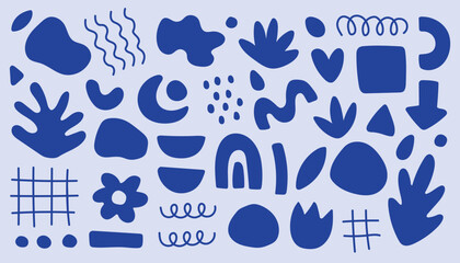 Matisse Blue Abstract botanical Art Set. Set of abstract trendy creative artistic elements. Botanic, flowers texture.