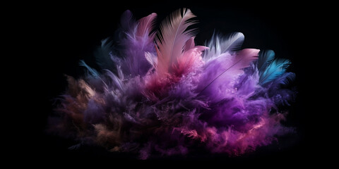 Colorful feathers isolated on a black background. 3d rendering.