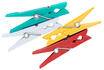 Group of colorful plastic clothes pegs isolated on transparent background