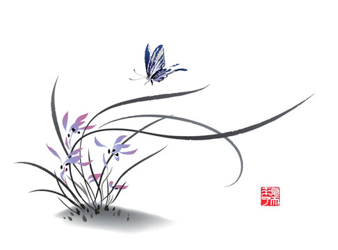 A butterfly flutters over an Orchid flower. Vector illustration in traditional oriental style. Text - "Summer is coming".