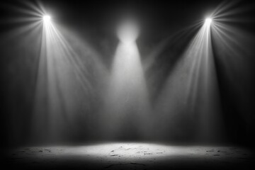Obraz premium Generative AI illustration of spotlights shine on stage floor in dark room, mist drift around, idea for background, backdrop mock up