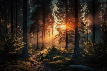 Fototapeta premium Generative AI illustration of sunrise in the forest