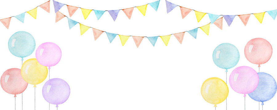 Watercolor banner with colorful balloons and a garland of flags isolated on a white background. Great for birthday party, card making,  greeting cards, banners, wallpapers,  D.I.Y.  and other.