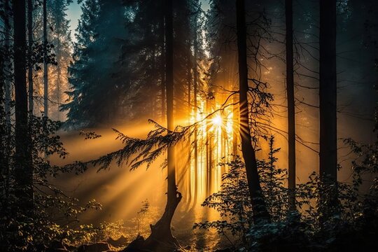 Generative AI illustration of sunrise in the forest