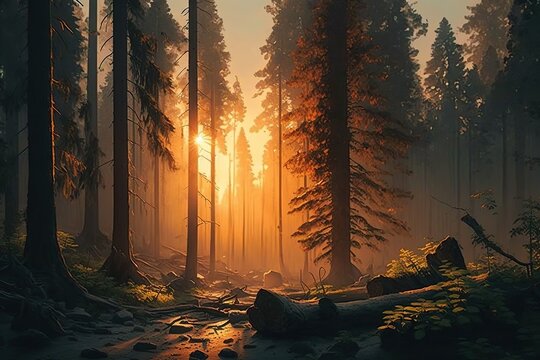 Generative AI illustration of sunrise in the forest