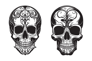 Tribal skull tattoo design black outline vector on white background, Skull with floral design vector