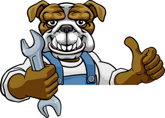 A bulldog cartoon animal mascot plumber, mechanic or handyman builder construction maintenance contractor peeking around a sign holding a spanner or wrench and giving a thumbs up