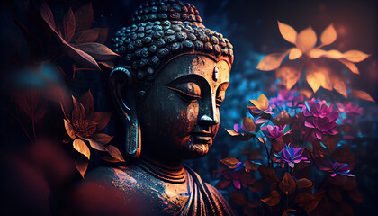 Generative AI illustration of abstract lifelike buddha, flowers, magic lighting, beautiful metallic and stone colors, detailed, natural lighting, natural environment.