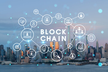 New York City skyline from New Jersey over Hudson River, Midtown Manhattan skyscrapers at sunset, USA. Decentralized economy. Blockchain, cryptography and cryptocurrency concept, hologram