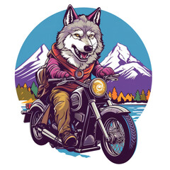 Vector Illustration T-shirt Design, A vibrant and colorful graphic of an Alaskan Malamute on a motorcycle handle, with a snowy mountainous landscape in the background. The dog is shown with its ears p - obrazy, fototapety, plakaty