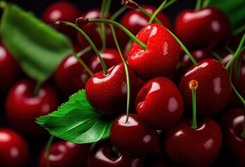 Generative AI illustration of background of the fresh red cherries, copy space