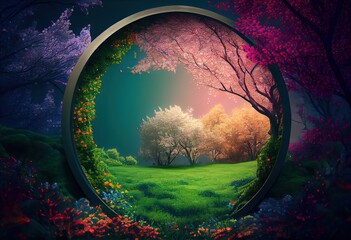 Fototapeta premium Generative AI illustration of beautiful enchanted landscape. Magic meadow with spring blooming trees. Round frame with copy space in the middle . Fantasy garden background