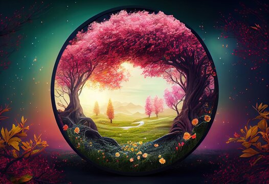 Generative AI illustration of beautiful enchanted landscape. Magic meadow with spring blooming trees. Round frame with copy space in the middle . Fantasy garden background