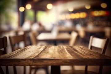 Generative AI illustration of blurred background of a cafe or restaurant features an empty wooden table