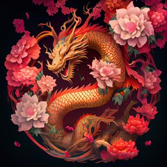 Generative AI illustration of chinese dragon, astral background, chinese zodiac background, cherry blossom, flowers, chinese new year.