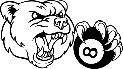 A bear angry mean pool billiards mascot cartoon character holding a black 8 ball.