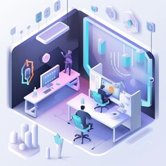 Generative AI illustration of 3D isometric illustration of our futuristic web agency office, showcasing the high tech and modern design of our workplace
