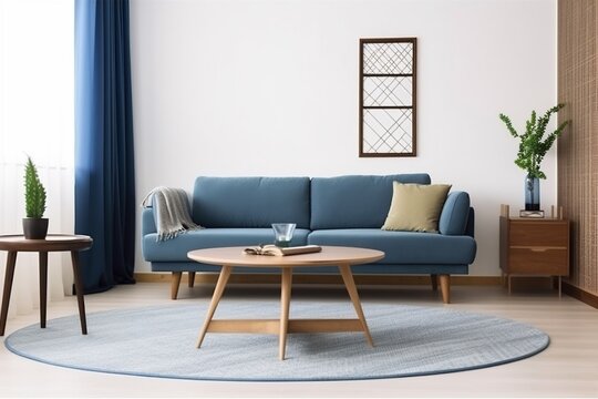 interior living room white loft furniture decor brick home blue trendy. Generative AI.