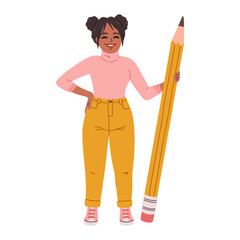 Cute black student girl standing with a large pencil. Flat design style minimal vector illustration.