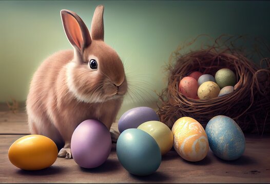Generative AI illustration of cute baby rabbit as easter bunny sitting in easter egg as easter under tree, background wallpaper design