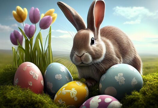 Generative AI illustration of cute baby rabbit as easter bunny sitting in easter egg as easter under tree, background wallpaper design