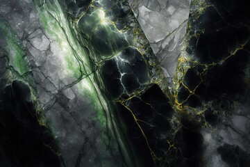 Generative AI illustration of grey and green marble texture, shiny, slightly glittery texture, metallic effect, warm color and bright lighting