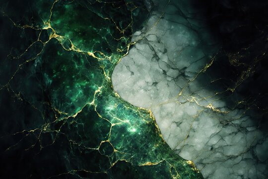 Generative AI illustration of grey and green marble texture, shiny, slightly glittery texture, metallic effect, warm color and bright lighting