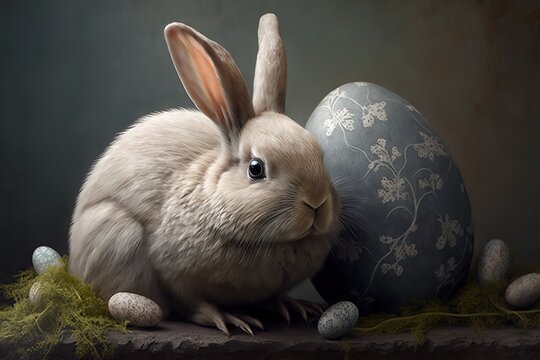 Generative AI illustration of cute baby rabbit as easter bunny sitting in easter egg as easter under tree, background wallpaper design