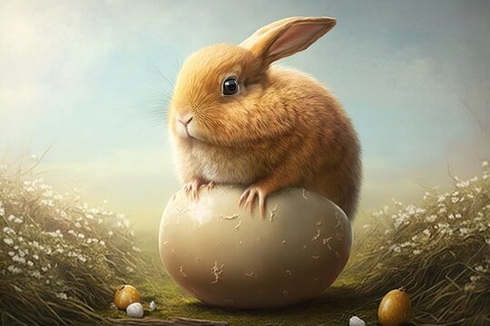 Generative AI illustration of cute baby rabbit as easter bunny sitting in easter egg as easter under tree, background wallpaper design