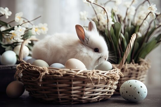 Generative AI illustration of cute baby rabbit as easter bunny sitting in easter egg as easter under tree, background wallpaper design