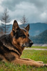 Vertical shot of a German Shepherd in the park with mountains in the background