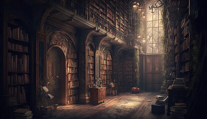 Generative AI illustration of old library or bookshop with many books on shelves