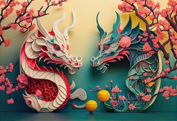 Generative AI illustration of paper cut craft, quilling multi dimensional Chinese style, zodiac dragon with lanterns and cherry blossoms in background, chinese new year.