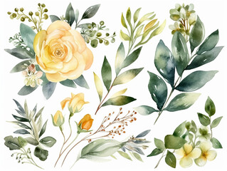 Fototapeta set in stile acquerello di bouquet floreale , foglie  e rami, peonie, colori tenui giallo  e verde, fondo bianco scontornabile creato con ai obraz