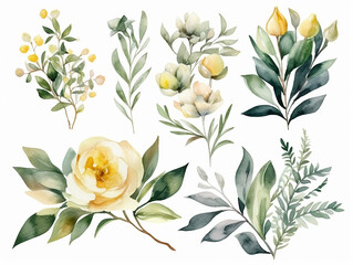 Fototapeta set in stile acquerello di bouquet floreale , foglie  e rami, peonie, colori tenui giallo  e verde, fondo bianco scontornabile creato con ai obraz