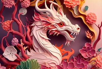 Generative AI illustration of paper cut craft, quilling multi dimensional Chinese style, zodiac dragon with lanterns and cherry blossoms in background, chinese new year.