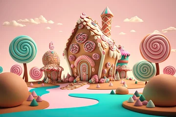 Keuken foto achterwand Fantasie landschap Generative AI illustration of a sweet and magical world with candy land landscape and gingerbread fantasy house