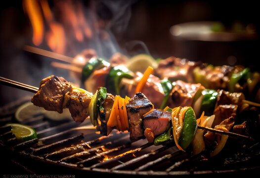 Generative AI illustration of skewered shish kebab, Kebabs - grilled meat  skewers, vegetables on black wooden background. Meat skewers in a barbecue  22925899 Stock Photo at Vecteezy