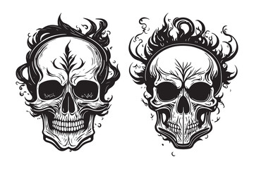 Skull with fire and smoke effect simple tattoo design black outline vector on white background