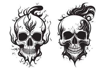 Skull with fire and smoke effect simple tattoo design black outline vector on white background
