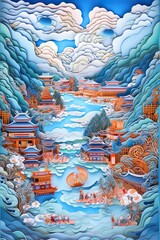 Obraz premium Generative AI illustration of Chinese nature and landscape on solid background, auspicious clouds, ravine stream, mountain range, many houses and ancient buildings, multi dimensional paper quilling