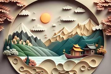 Deurstickers Bergen Generative AI illustration of Chinese nature and landscape on solid background, auspicious clouds, ravine stream, mountain range, many houses and ancient buildings, multi dimensional paper quilling