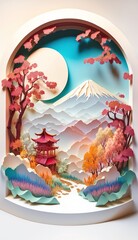 Generative AI illustration of Chinese nature and landscape on solid background, auspicious clouds, ravine stream, mountain range, many houses and ancient buildings, multi dimensional paper quilling