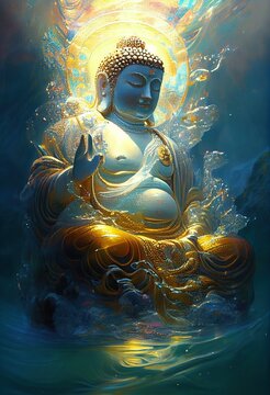 Generative AI illustration of buddha, aura of energy, surreal fantasy, light flashing, beautiful light spectrum, bright white lotus flower, burning cloud-like petals, seawater.